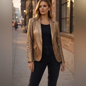 Worthington Metallic Lambskin Genuine Leather Blazer Y2K Glam Statement Jacket